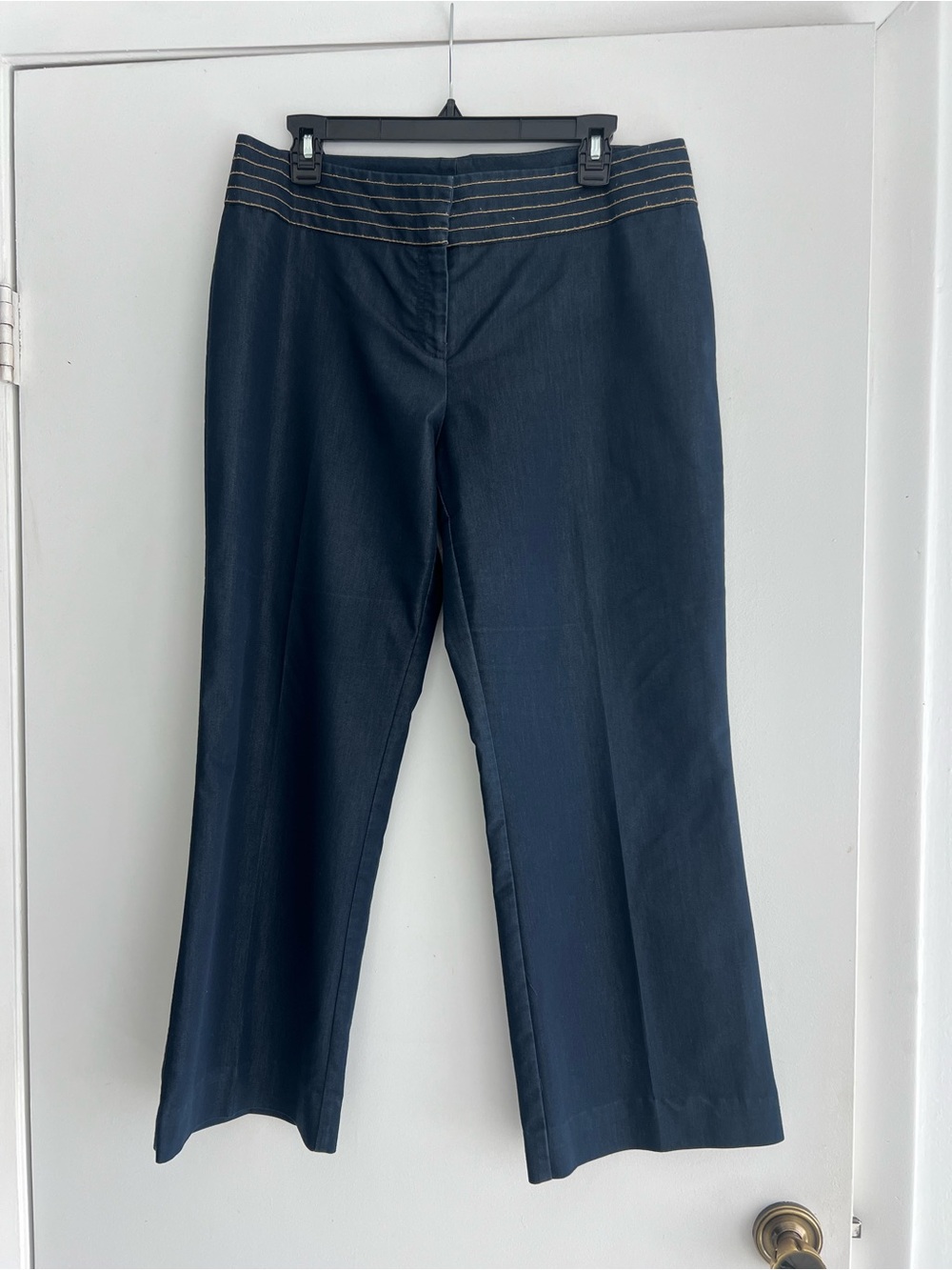 Cache Navy Wide-Leg Trousers with Contrast Waist Stitching